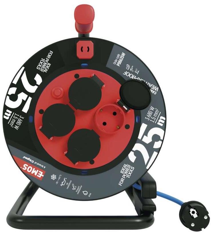 EMOS Počasí odolný kabel na bubnu 25 m, 4 zásuvky, modrý, silikon, 230 V, 1,5 mm2 SCHUKO