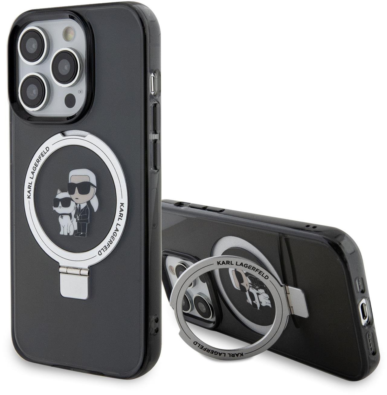 Karl Lagerfeld Ringstand Karl and Choupette MagSafe Zadní Kryt pro iPhone 15 Pro Max Black