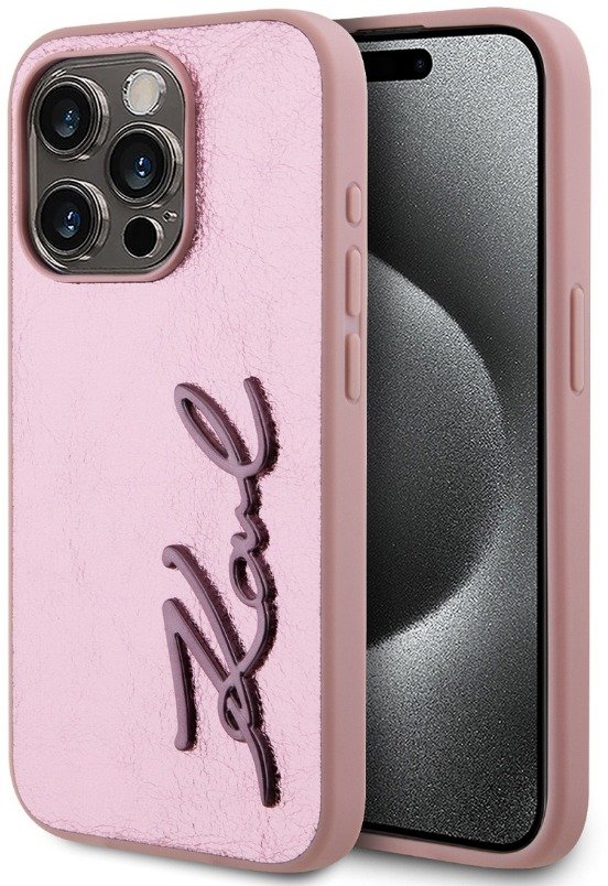 Karl Lagerfeld Wrinkled PU Signature Logo Zadní Kryt pro iPhone 15 Pro Pink