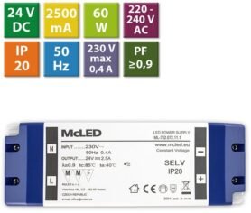 McLED Napájecí zdroj 60W, DC24V/2,5A, IP20, plastové provedení se svorkovnicí