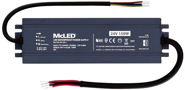 McLED Napájecí zdroj longevity 150 W, DC24V/6.25A, IP67, hliníkový