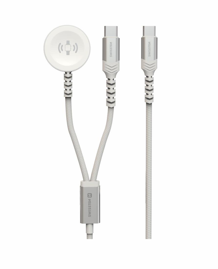 Swissten opletený magnetický kabel 2v1 pro Apple Watch a USB-C, USB-C 1.2 m bílý