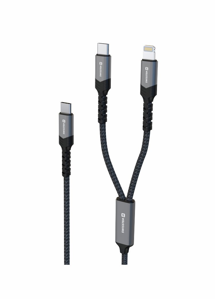 Swissten nabíjecí kabel 2v1 USB-C/USB-C + Lightning 100W 1,5m černý