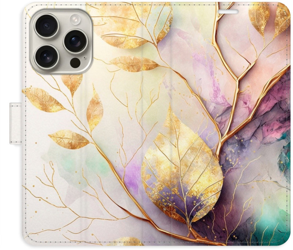 iSaprio Flip pouzdro Gold Leaves 02 pro iPhone 16 Pro