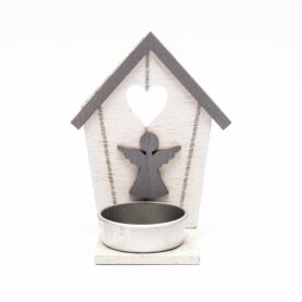 DECOLED Vánoční svícen - dřevěný, chaloupka s andělem, 10,5 × 5 cm