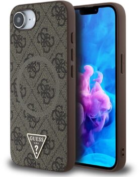 Guess PU 4G Strass Triangle Metal Logo MagSafe Zadní Kryt pro iPhone 16e/17e Brown