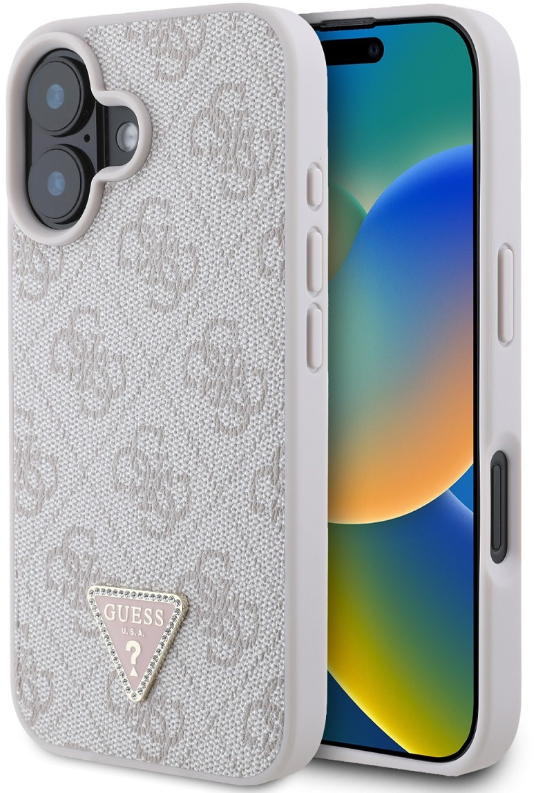 Guess PU 4G Strass Triangle Metal Logo Zadní Kryt pro iPhone 16e/17e Pink