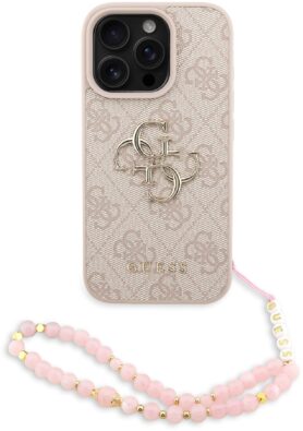 Guess PU 4G Metal Logo Strap Zadní Kryt pro iPhone 16 Pro Pink
