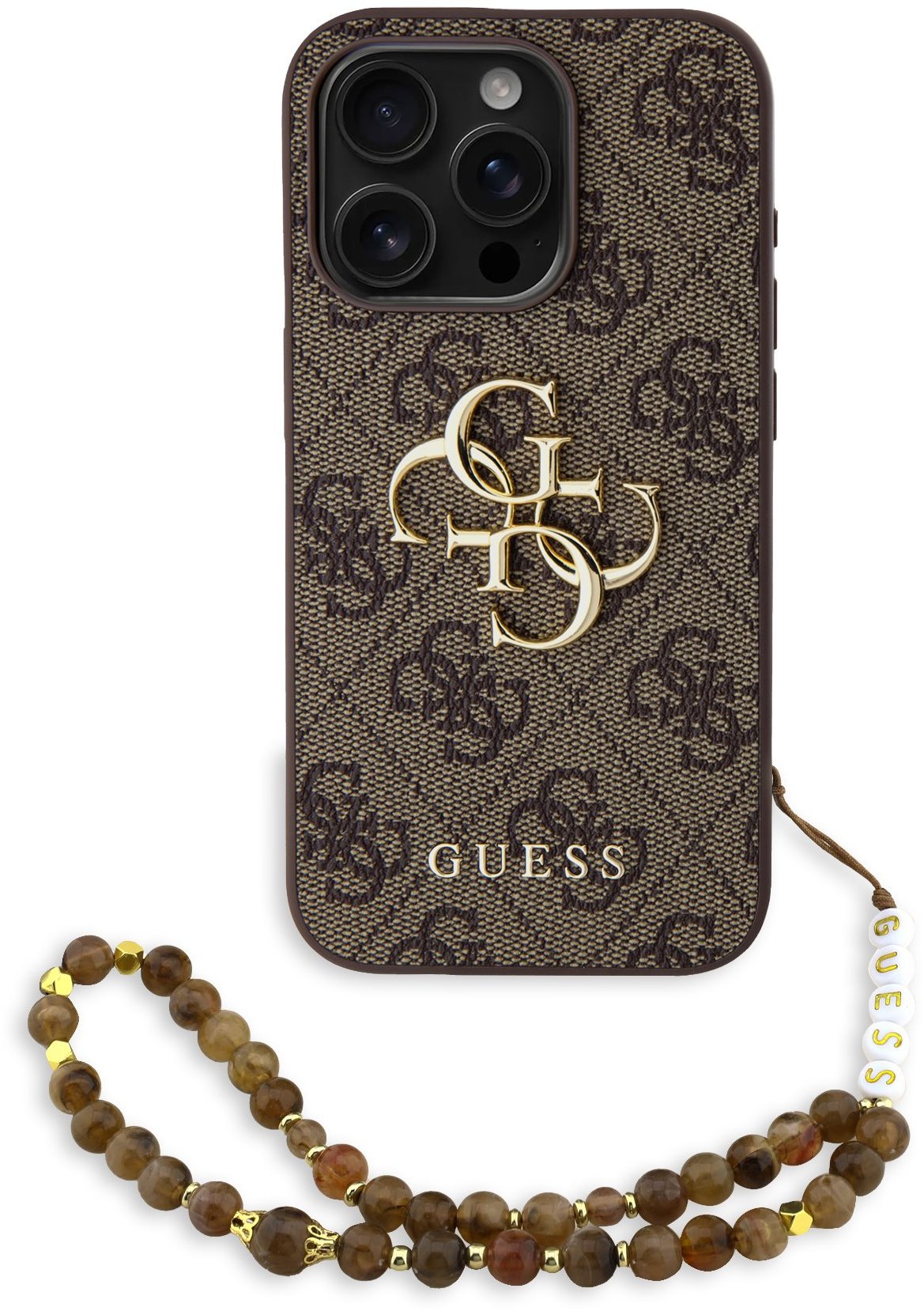 Guess PU 4G Metal Logo Strap Zadní Kryt pro iPhone 15 Pro Max Brown