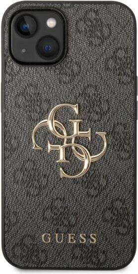 Guess PU 4G Metal Logo Zadní Kryt pro iPhone 15 Grey