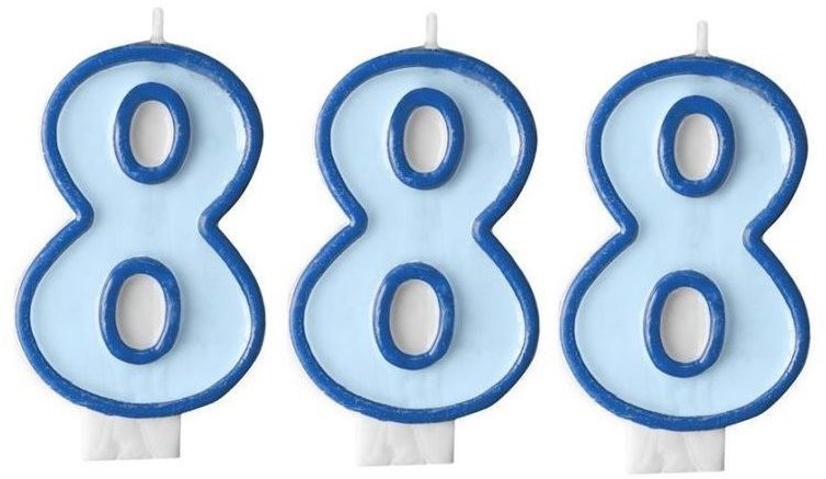 PARTYDECO Narozeninová svíčka 8, modrá, 7 cm, 3 ks