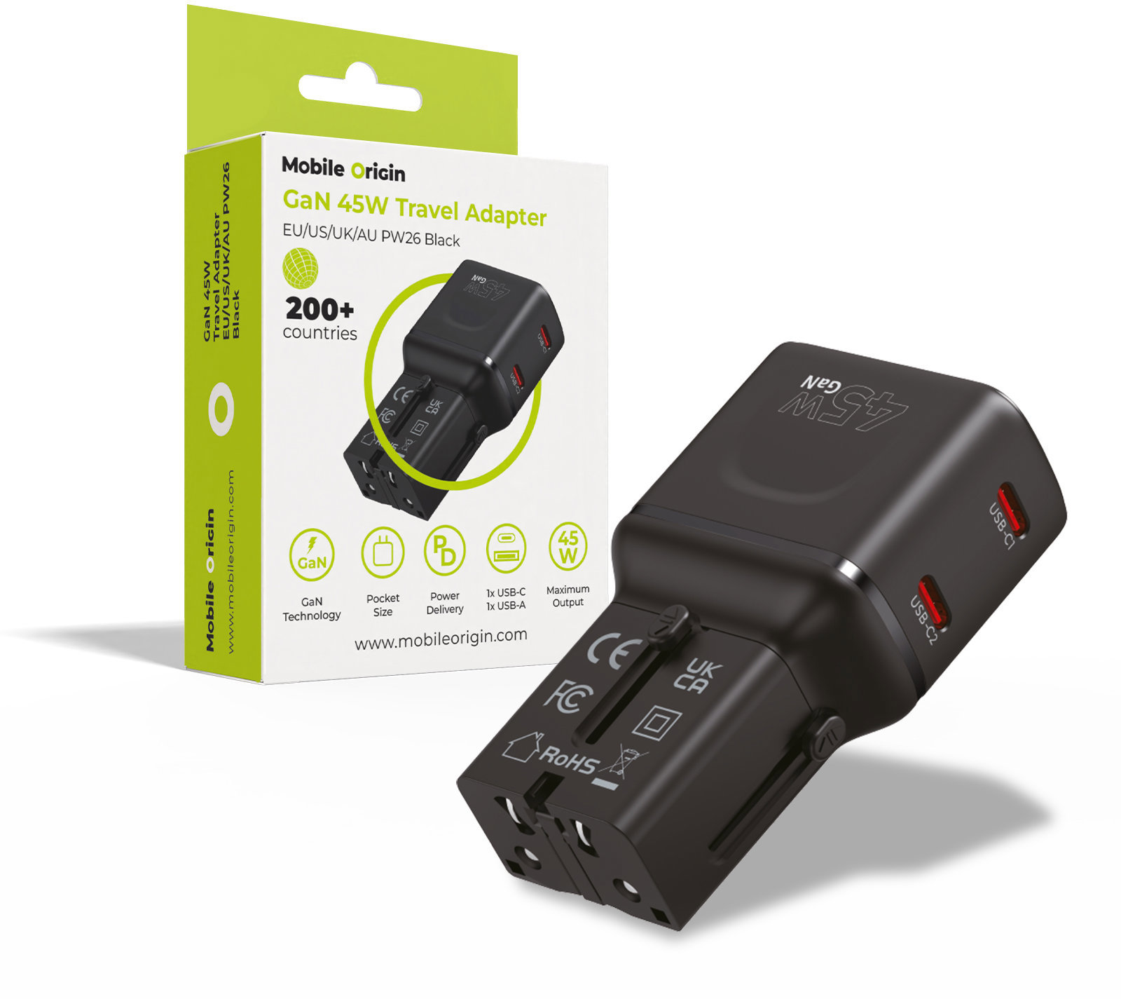 Mobile Origin GaN 45W Travel Adapter, EU/US/UK/AU PW26 Black