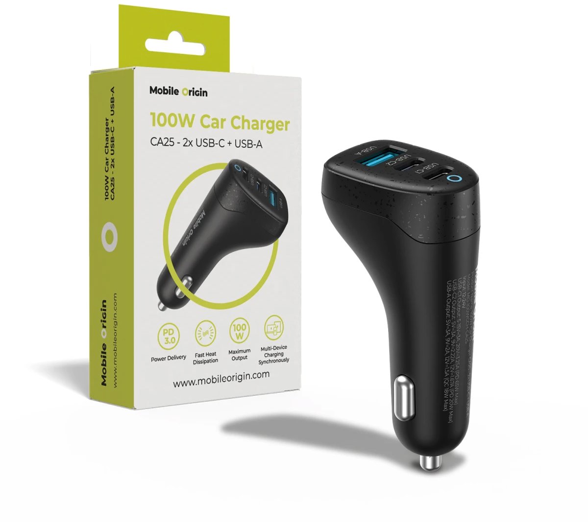 Mobile Origin 100W Car Charger CA25 2x USB-C + USB-A