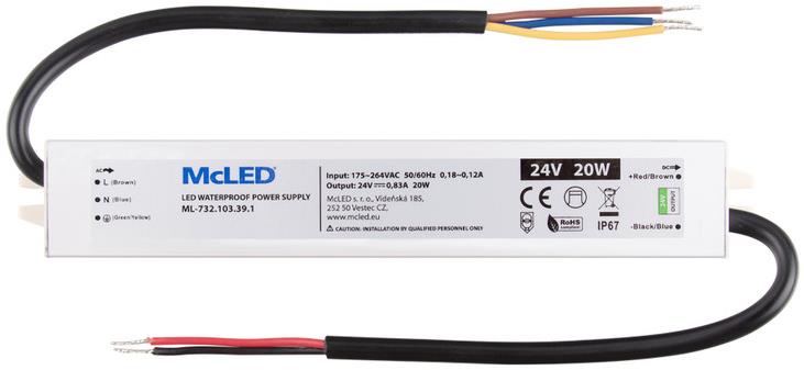 McLED Napájecí zdroj longevity 20 W, DC24V/0.83A, IP67, hliníkový