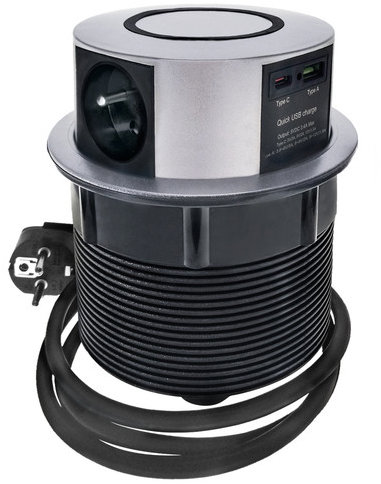Solight 3z + USB A+C 20 W PD, Wireless 10 W, výsuvný blok zásuvek, 2 m, stříbrný