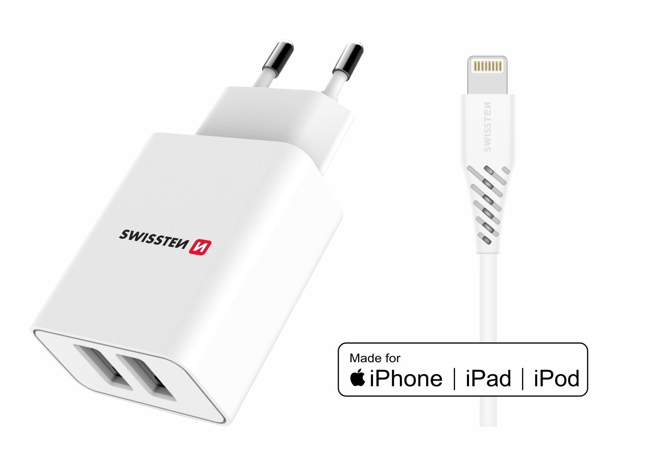 Swissten síťový adaptér SMART IC 2.1A + kabel lightning MFi 1.2m bílý