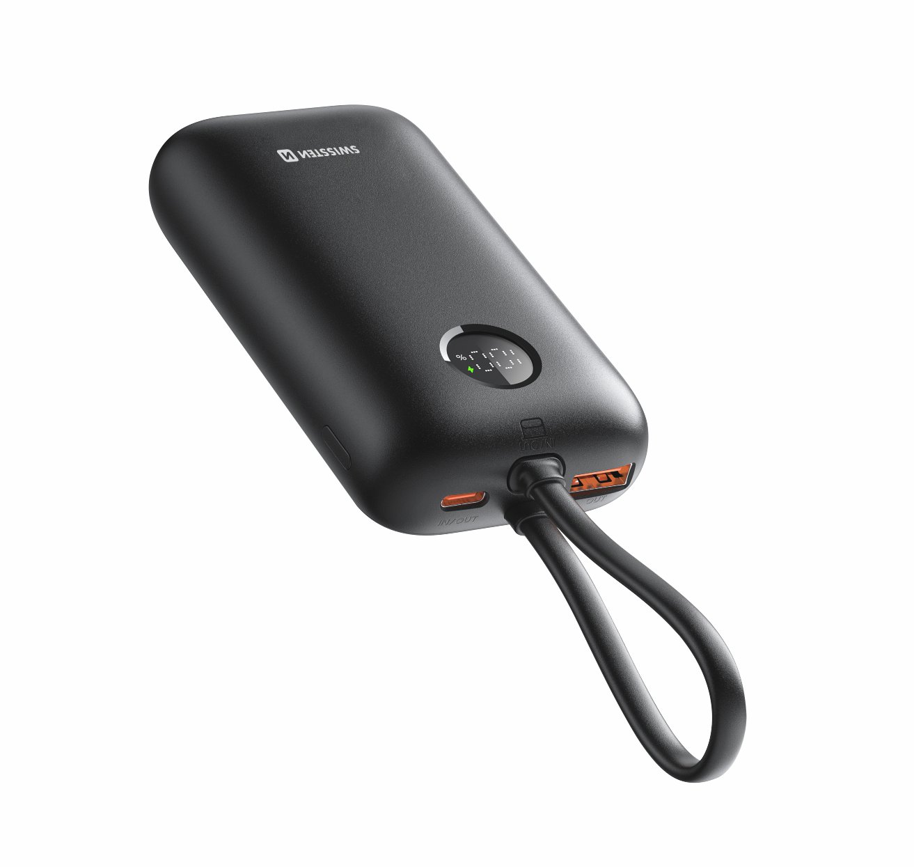 Swissten Voltbox 35W 10000 mAh s integrovanými kabely USB-C a Lightning černá