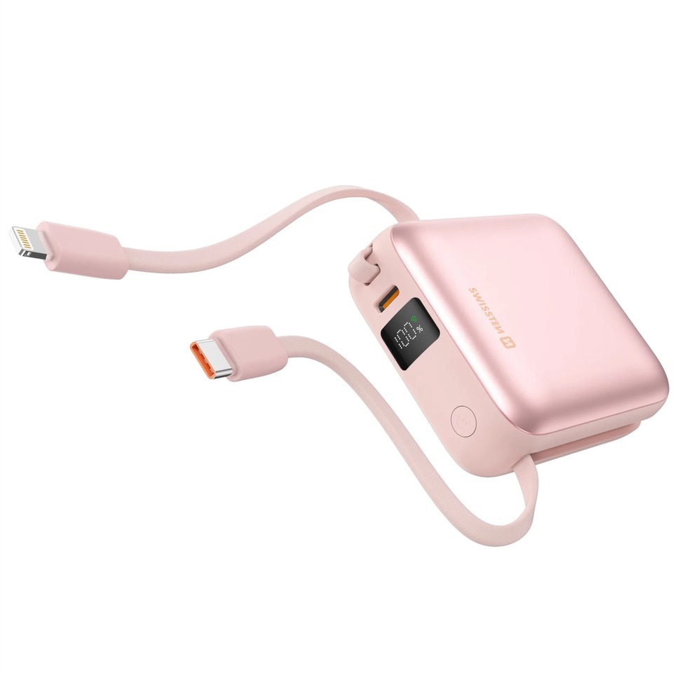 Swissten Power Bank Space 10.000mAh s integrovanými kabely USB-C a Lightning Růžová