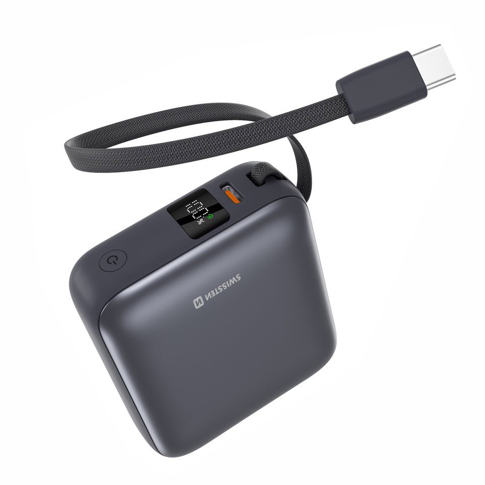 Swissten Power Bank Space 10.000mAh, 35W s integrovaným kabelem USB-C Stříbrná