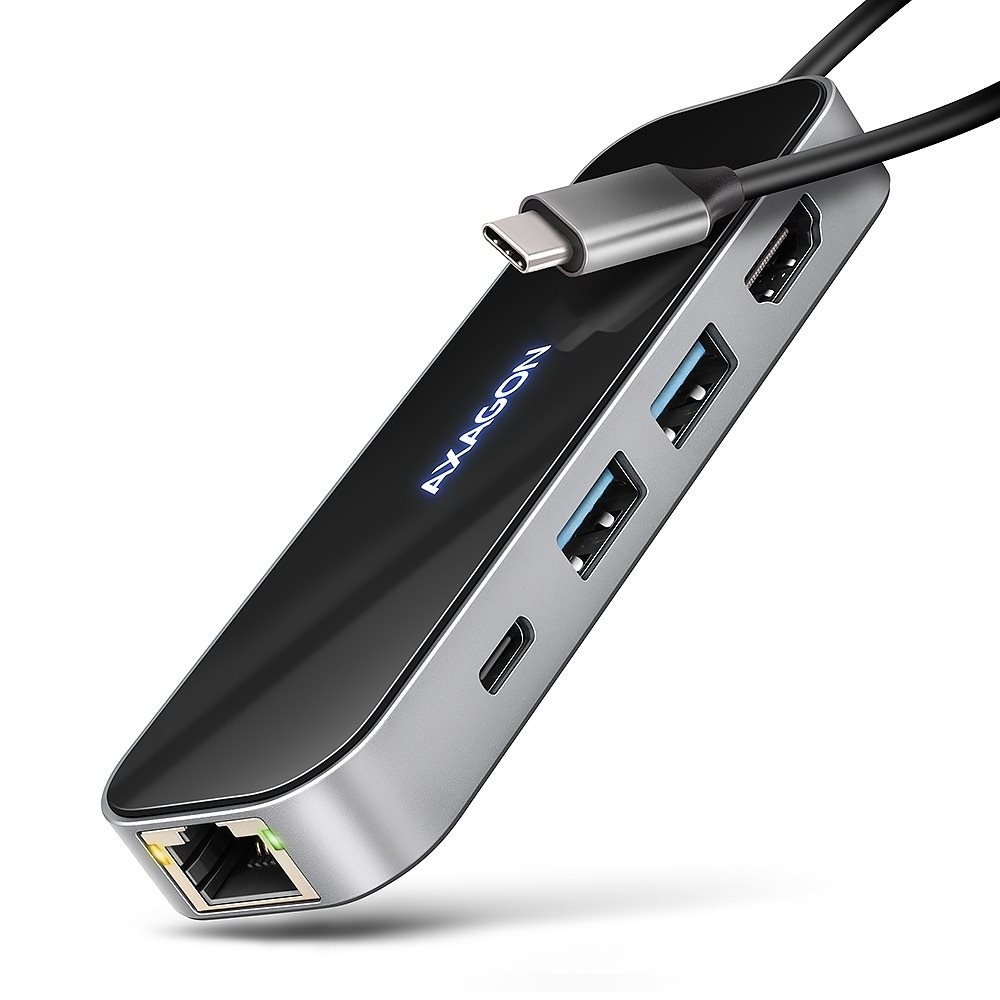AXAGON HMC-6GLN GLASS 6-in-1 Hub, USB-C 5Gbps, 2x USB-A, USB-C, HDMI 4k/60Hz, RJ-45, PD 100W