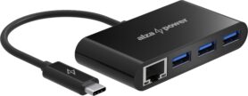 AlzaPower USB hub USB-C (M) na 3× USB-A 3.0 (F) s RJ45 černý