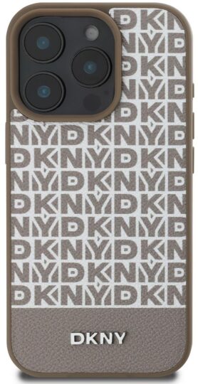 DKNY PU Leather Repeat Pattern Bottom Stripe MagSafe Zadní Kryt pro iPhone 16 Pro Brown