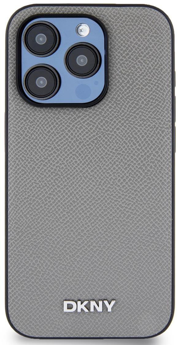 DKNY PU Leather Silver Metal Logo Magsafe Zadní Kryt pro iPhone 15 Pro Grey