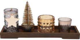 Koopmann International Skleněný svícen na dřevěném tácku 55 × 38/57 × 60/57 × 97/70 × 67mm, barevný