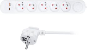 Solight 3m, 5 zásuvek, USB A+C 20W PD, vypínač, 3 x 1mm2, PVC