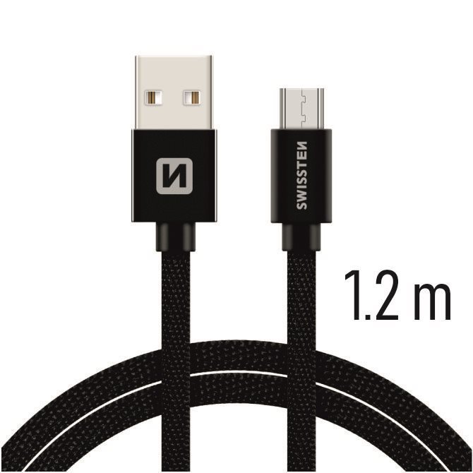 Swissten textilní datový kabel micro USB 1.2m černý