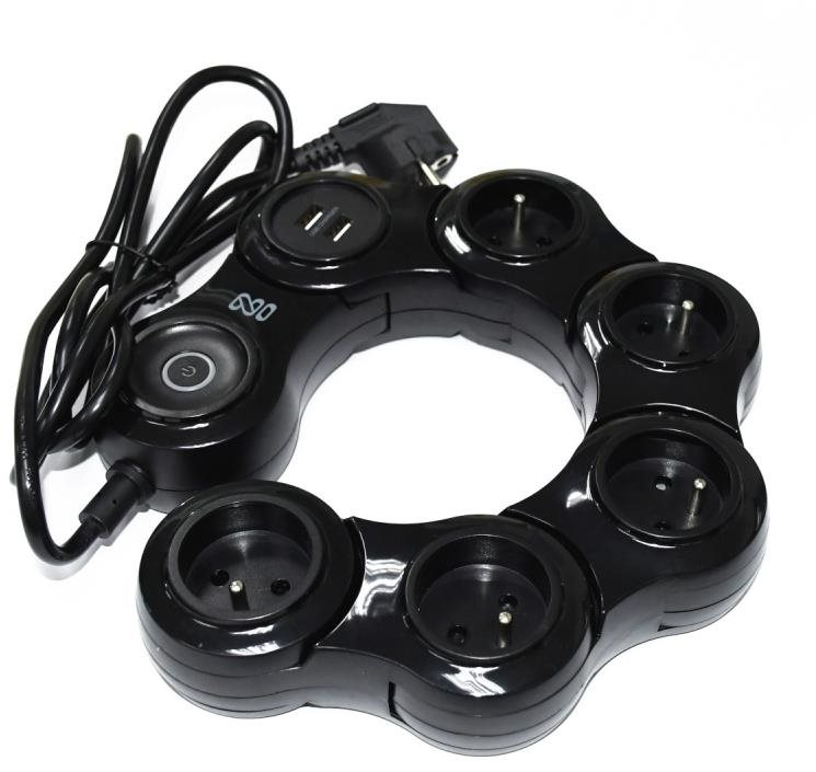 IN Přepěťová ochrana SNAKE 1.5, 5 zásuvek, 2 USB, černá