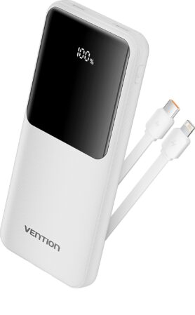 Vention 10000mAh Power Bank with Integrated USB-C and Lightning Cables 22.5W White LED Display Type