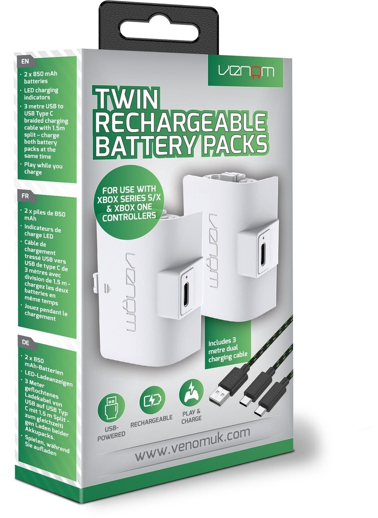 VENOM VS2872 Xbox Series S/X & One White Twin Battery Pack + 3m kabel