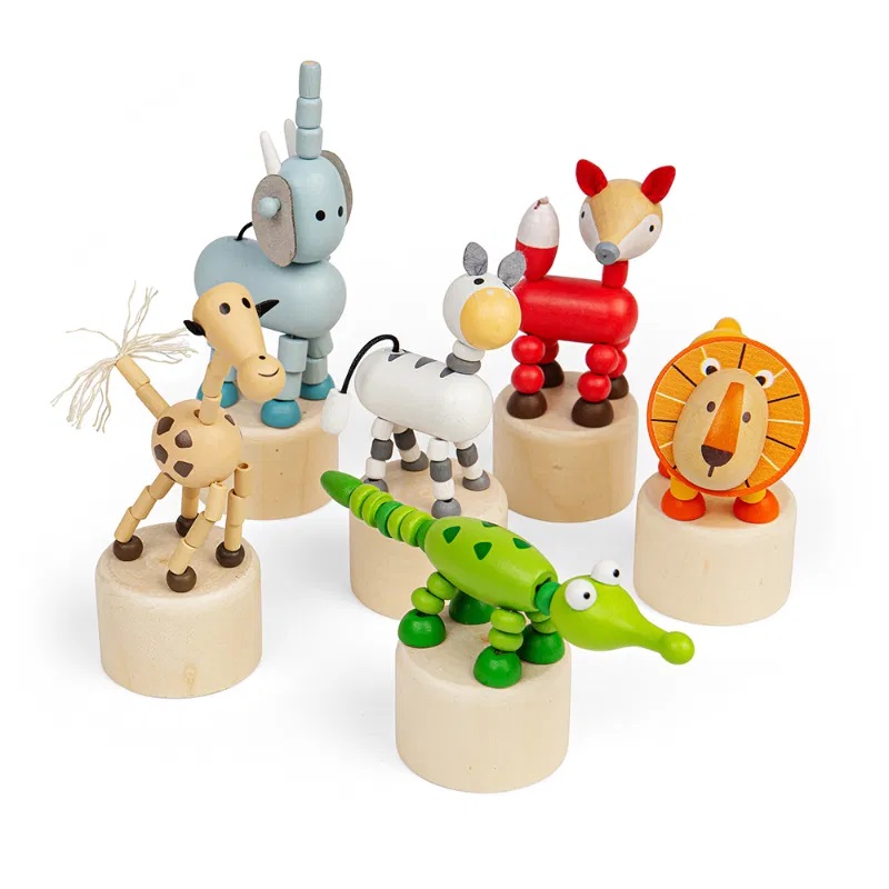 Bigjigs Toys Displej Dřevěná mačkací zvířátka Safari 6 ks