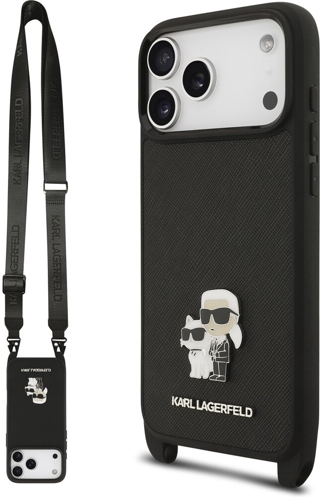 Karl Lagerfeld Saffiano Crossbody Popruh Metal Karl and Choupette Zadní Kryt pro iPhone 17 Pro Max B