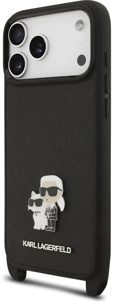 Karl Lagerfeld Saffiano Crossbody Popruh Metal Karl and Choupette Zadní Kryt pro iPhone 17 Pro Black