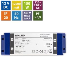 McLED Napájecí zdroj 150W, DC12V/12,5A, IP20, plastové provedení se svorkovnicí